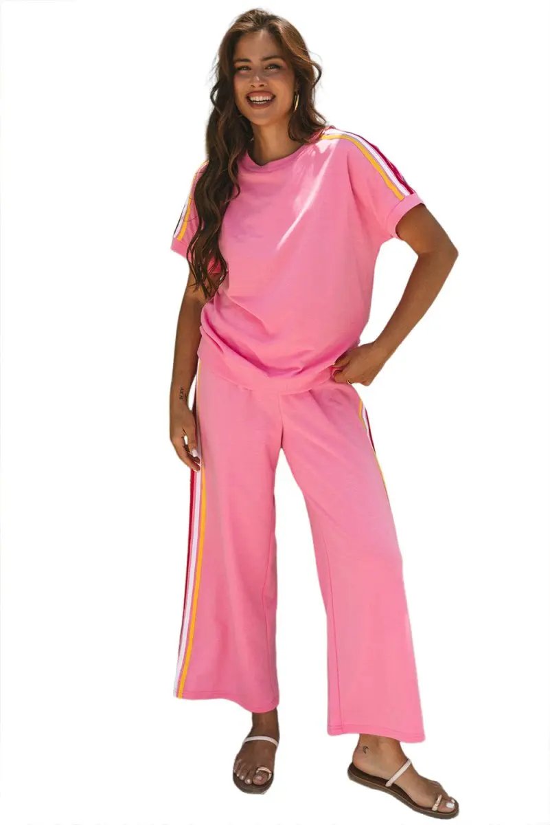 Bonbon Color Contrast Crewneck T Shirt and Wide Leg Pants Set - Love Salve